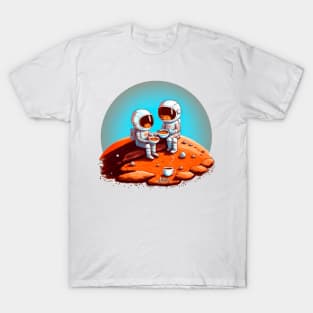 Cute Astronauts drinking coffee on Mars T-Shirt